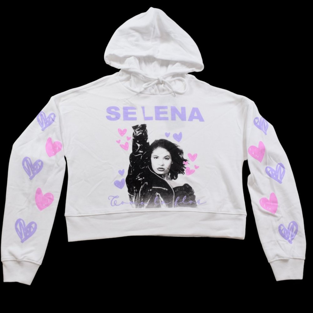Selena Juniors Como La Flor White Crop Length Pullover Hoodie New